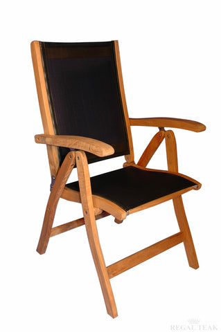 Regal Teak Batyline Sling-Styled Folding Teak Recliner Chair - [price] | The Adirondack Market